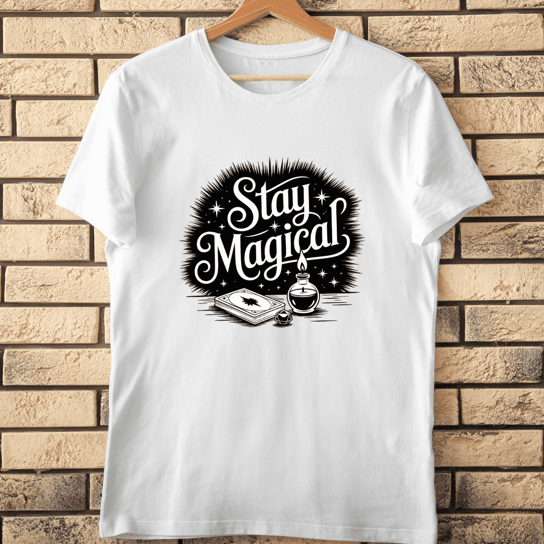 Black and White Stay Magical Fantasy T-Shirt Design cover image.