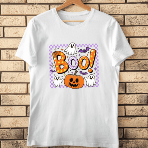 Boo Text with Ghosts, Spider Webs, and Bats T-Shirt Design cover image.