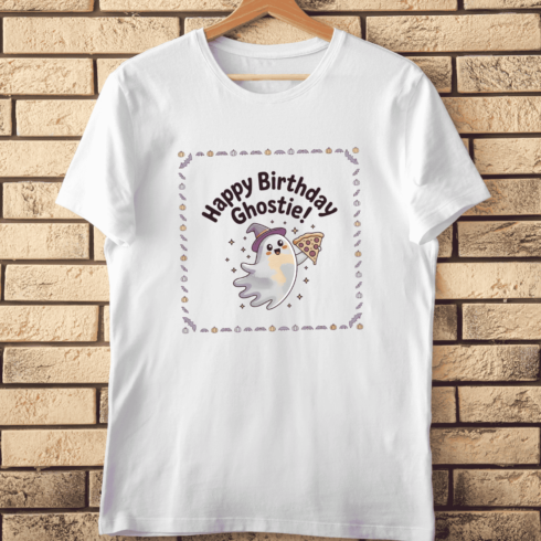 Ghost with Pizza Birthday T-Shirt Design cover image.