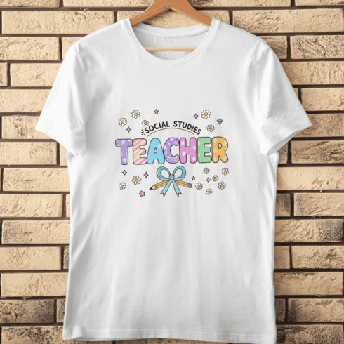 Cute Social Studies Teacher Pastel Text T-Shirt Design cover image.