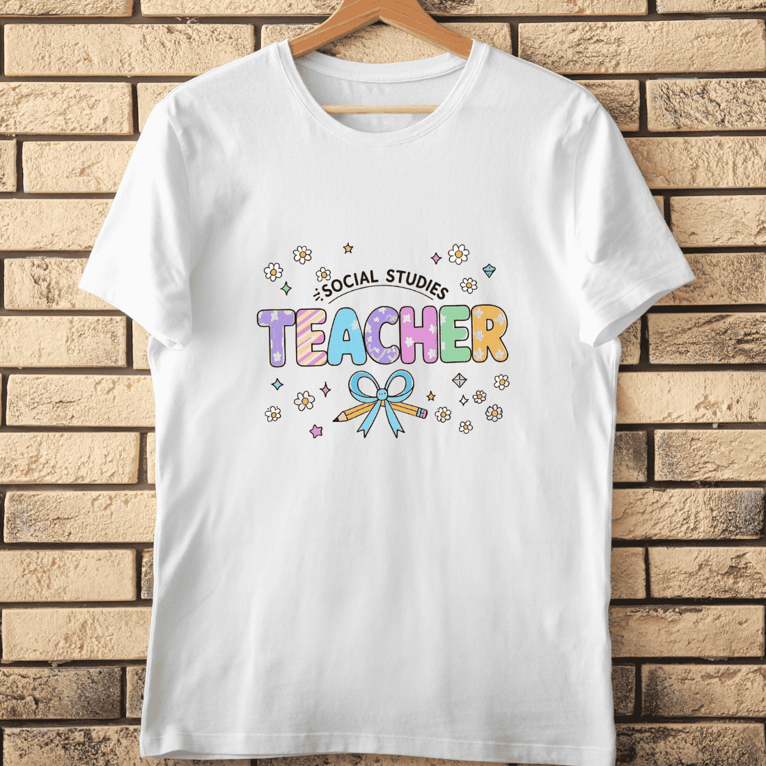 Cute Social Studies Teacher Pastel Text T-Shirt Design cover image.