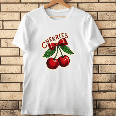 Vintage Cherries with Red Bow and Leaves T-Shirt Design cover image.
