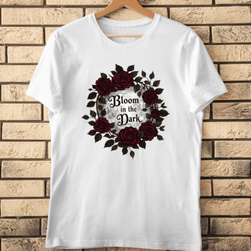 Bloom in the Dark Night Roses and Moon T-Shirt Design cover image.