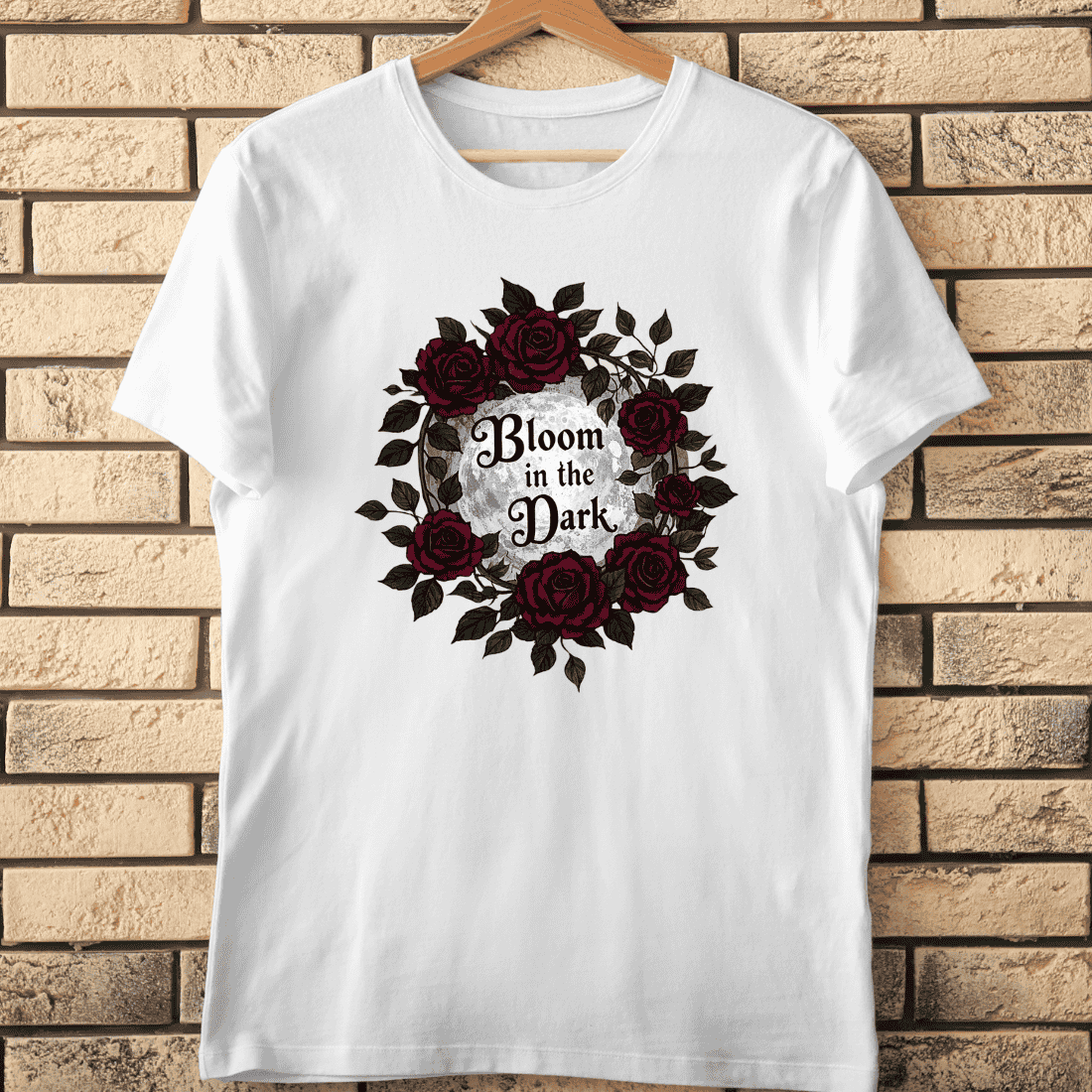 Bloom in the Dark Night Roses and Moon T-Shirt Design cover image.