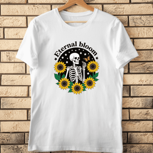 Skeleton with Sunflowers and Butterfly T-Shirt Design cover image.