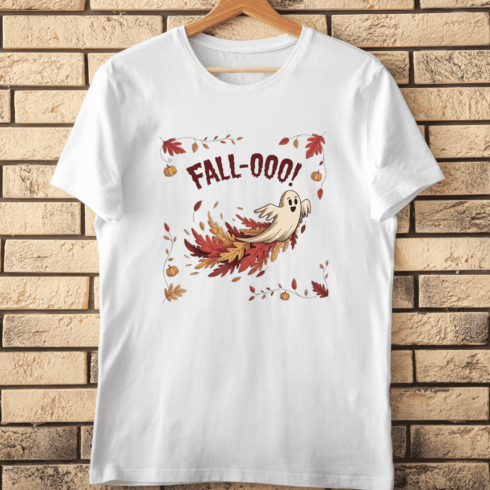 Fall-Ooo! Cute Ghost Autumn Leaves T-Shirt Design cover image.
