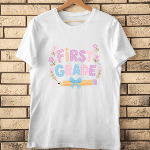 Floral and Pencil First Grade T-Shirt Design cover image.