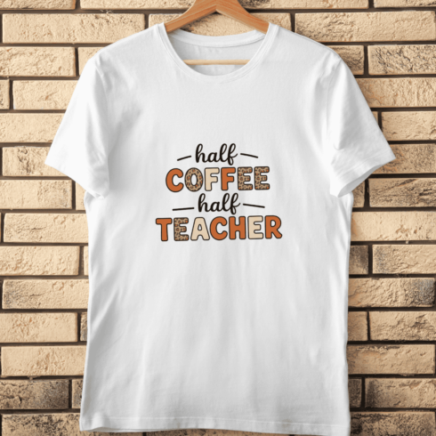 Teacher Life Coffee Lover Leopard Print Text T-Shirt Design cover image.