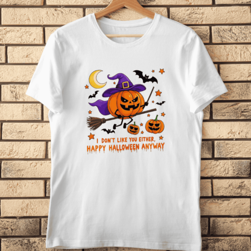 Pumpkin Head Witch Flying on Broomstick T-Shirt Design cover image.