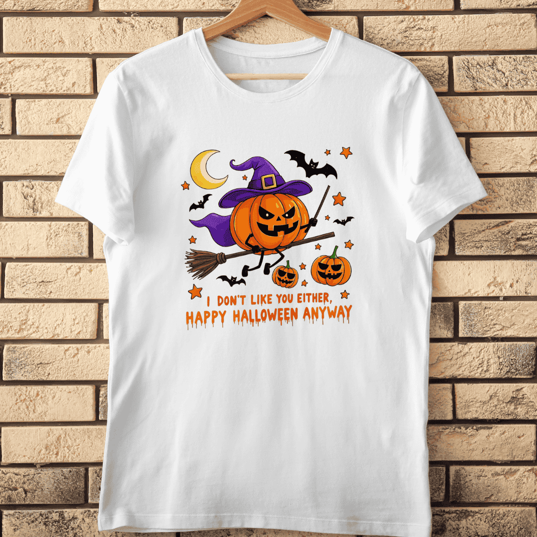 Pumpkin Head Witch Flying on Broomstick T-Shirt Design cover image.