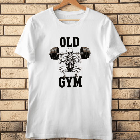 Skeleton Weightlifter Old Gym T-Shirt Design cover image.