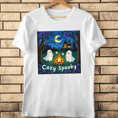Adorable Ghost Campfire Scene T-Shirt Design cover image.