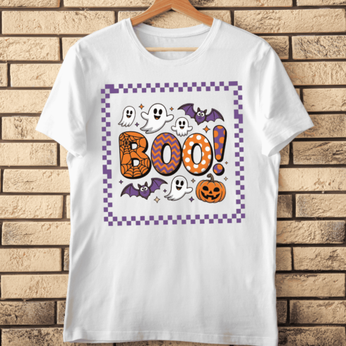 Boo! with Ghosts Bats and Jack-o’-Lantern T-Shirt Design cover image.