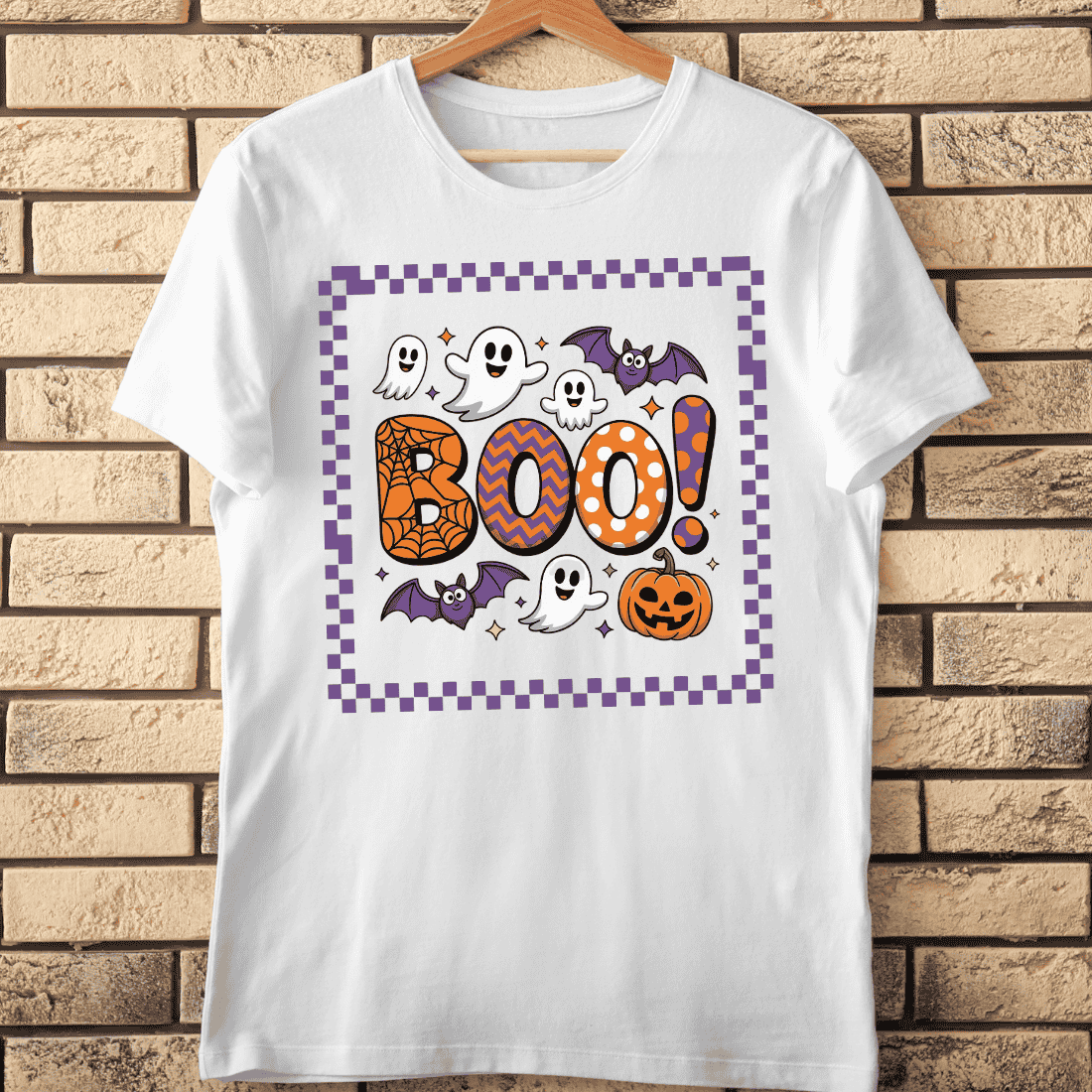 Boo! with Ghosts Bats and Jack-o’-Lantern T-Shirt Design cover image.