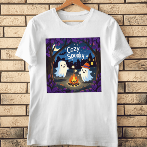 Whimsical Night with Ghosts and Campfire T-Shirt Design cover image.