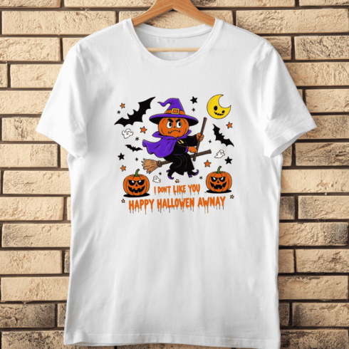 Funny Halloween Witch Pumpkin Head T-Shirt Design cover image.