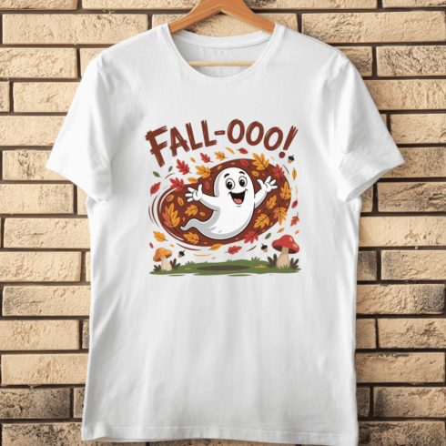 Pumpkin Leaves Ghost Happy Fall T-Shirt Design cover image.