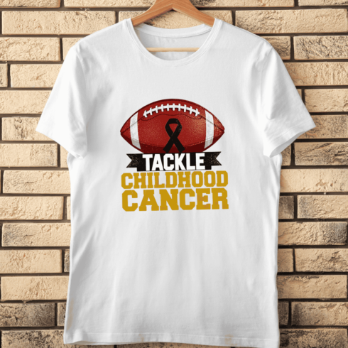Tackle Childhood Cancer Football Ribbon T-Shirt Design cover image.