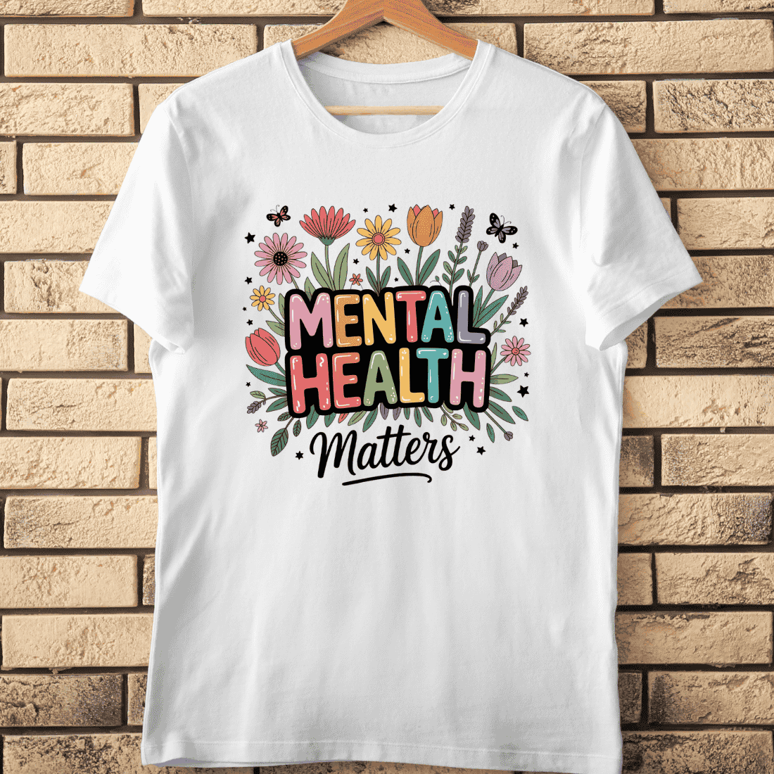 Mental Health Matters Colorful Floral Typography T-Shirt Design cover image.
