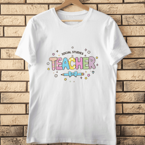Pastel Social Studies Teacher Lettering T-Shirt Design cover image.