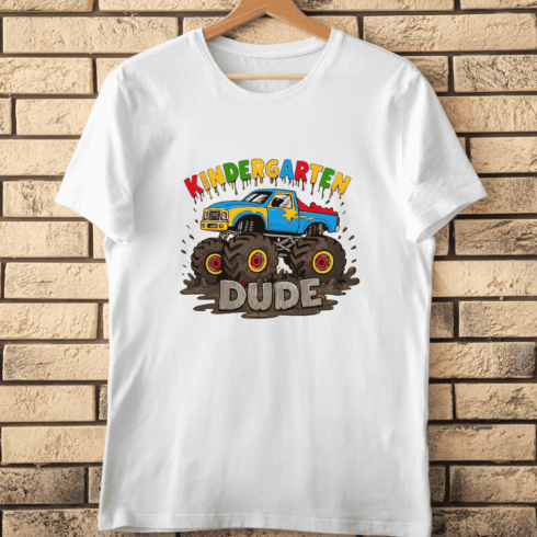 Colorful Monster Truck Kindergarten Dude T-Shirt Design cover image.