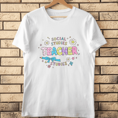 Social Studies Teacher with Pastel Colors and Daisies T-Shirt Design cover image.