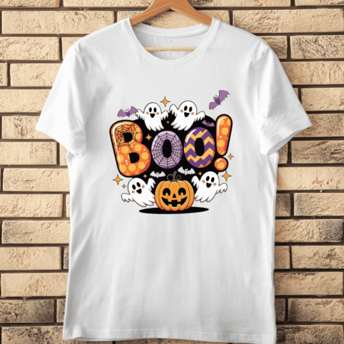 Cute Boo with Ghosts and Pumpkin T-Shirt Design cover image.