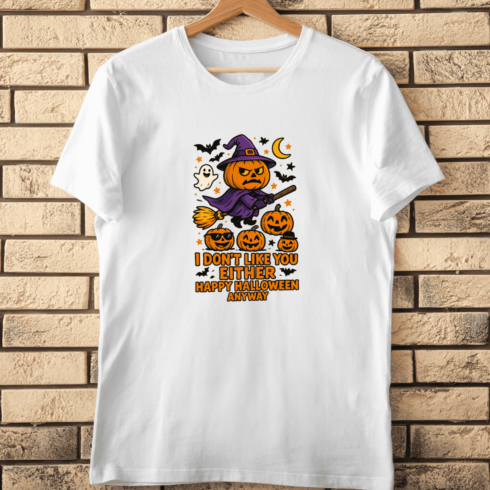 Cartoon Pumpkin Witch on Broom with Quote T-Shirt Design cover image.
