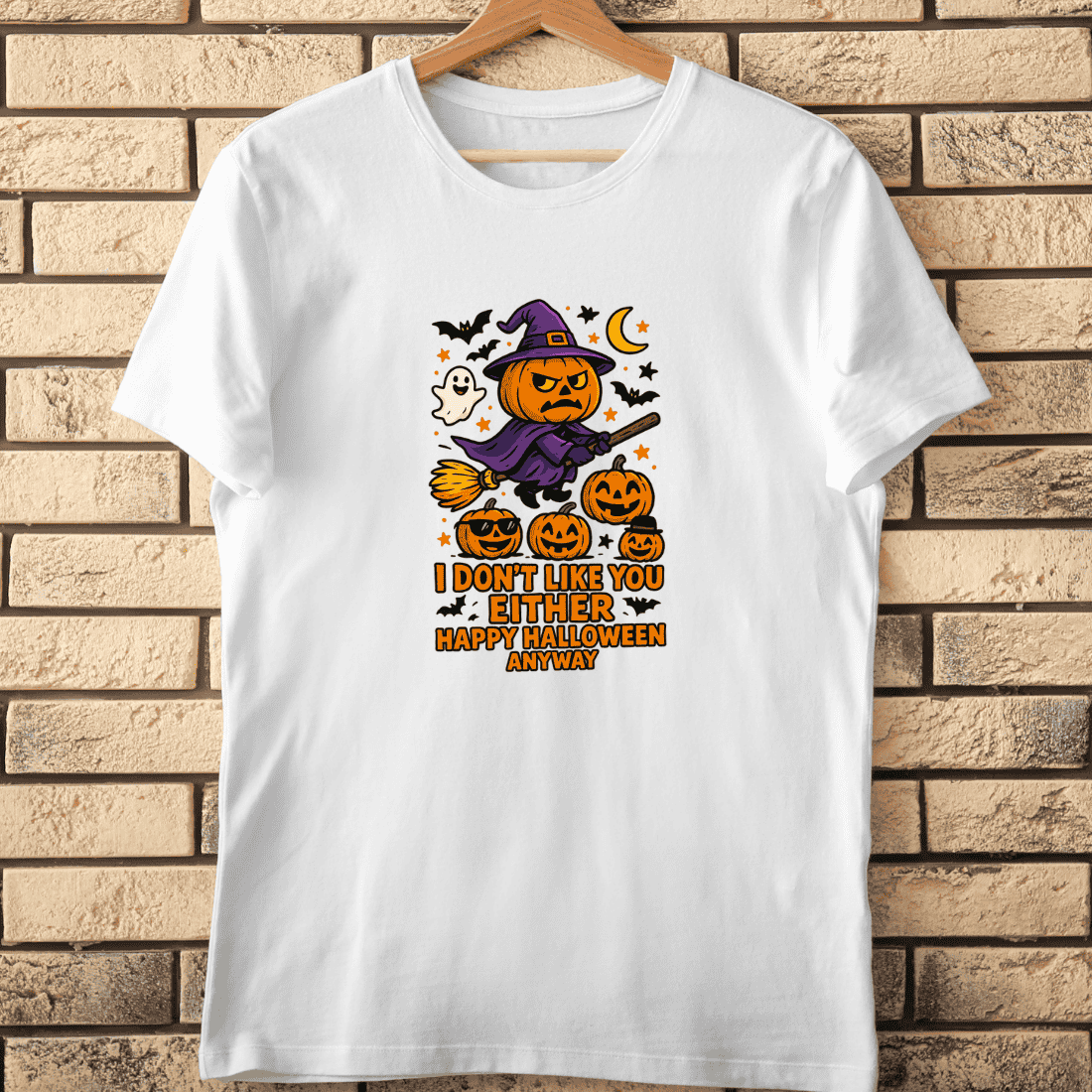 Cartoon Pumpkin Witch on Broom with Quote T-Shirt Design cover image.