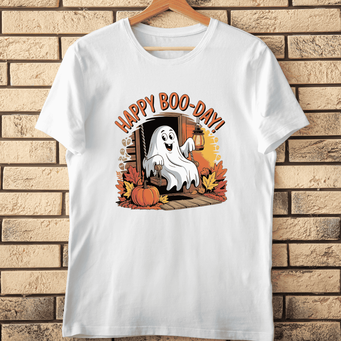 Happy Boo-Day Ghost Swing T-Shirt Design cover image.