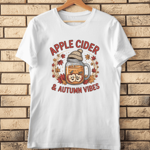 Autumn Drink with Beanie and Swirls T-Shirt Design cover image.