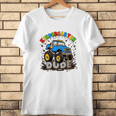 Kindergarten Dude Cartoon Monster Truck Mud Splash T-Shirt Design cover image.
