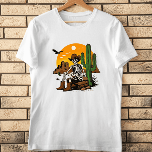 Cowboy Skeleton Desert Scene PNG T-Shirt Design cover image.