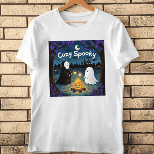 Cozy Spooky Ghost Campfire T-Shirt Design cover image.