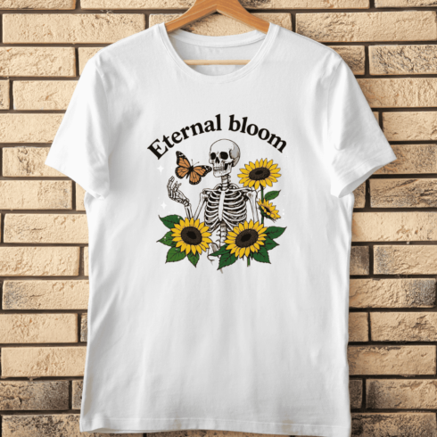 Eternal Bloom Skeleton with Sunflowers T-Shirt Design cover image.