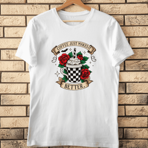Coffee Cup with Roses and Banner Typography T-Shirt Design cover image.