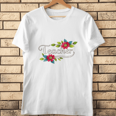 Teacher Typography with Flowers-2 T-Shirt Design cover image.
