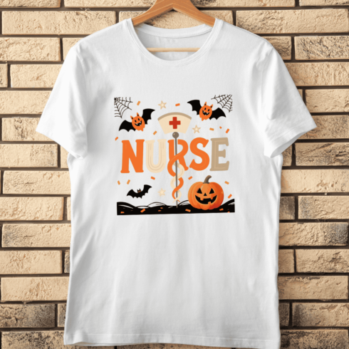 Halloween Nurse Bat Pumpkin T-Shirt Design cover image.