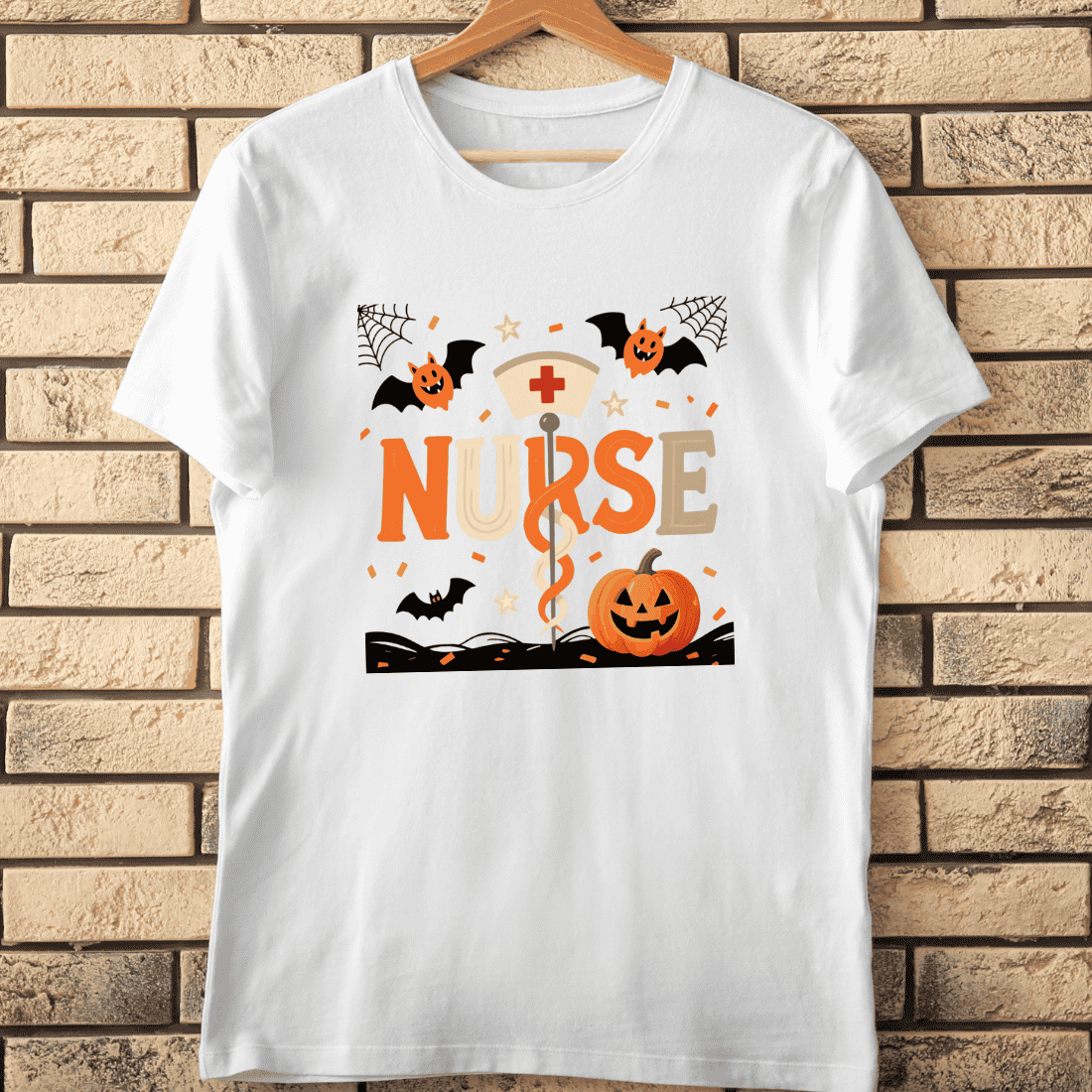 Halloween Nurse Bat Pumpkin T-Shirt Design cover image.