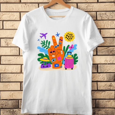 Colorful Travel and Holiday Peace Hand Sign T-Shirt Design cover image.