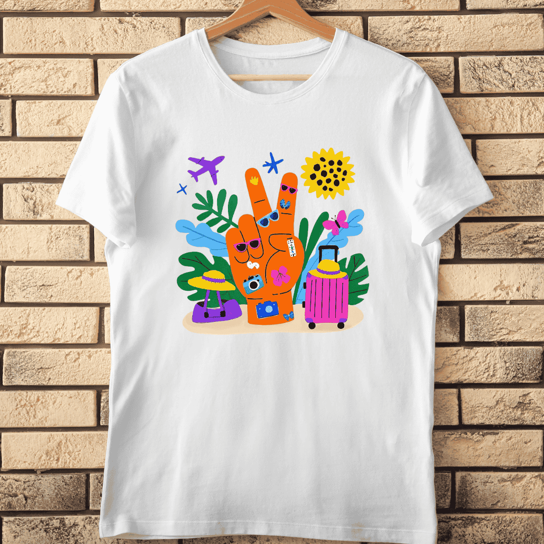 Colorful Travel and Holiday Peace Hand Sign T-Shirt Design cover image.