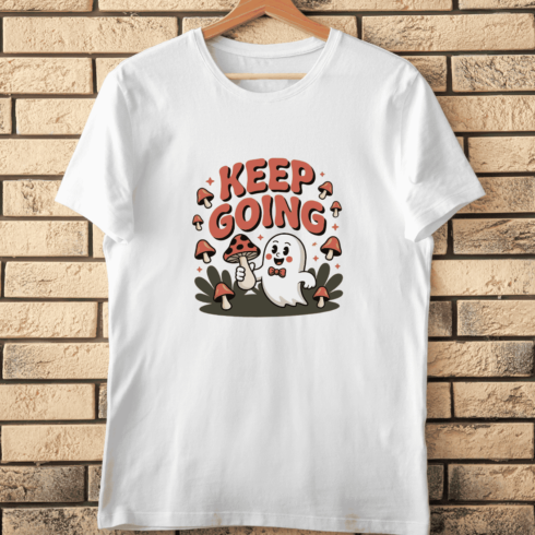Keep Going Retro Ghost Mushroom PNG T-Shirt Design cover image.