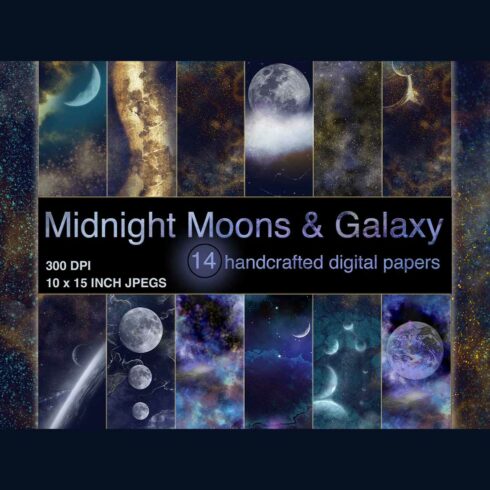 Midnight Moons Galaxy Wallpaper Textures Sublimation Background Bundle cover image.