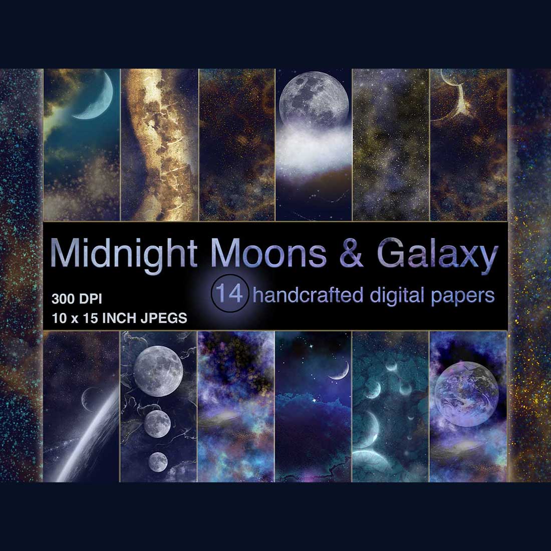 Midnight Moons Galaxy Wallpaper Textures Sublimation Background Bundle cover image.