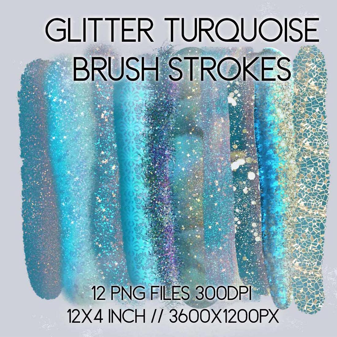 Glitter Turquoise Brush Strokes Clipart Sublimation PNGs cover image.