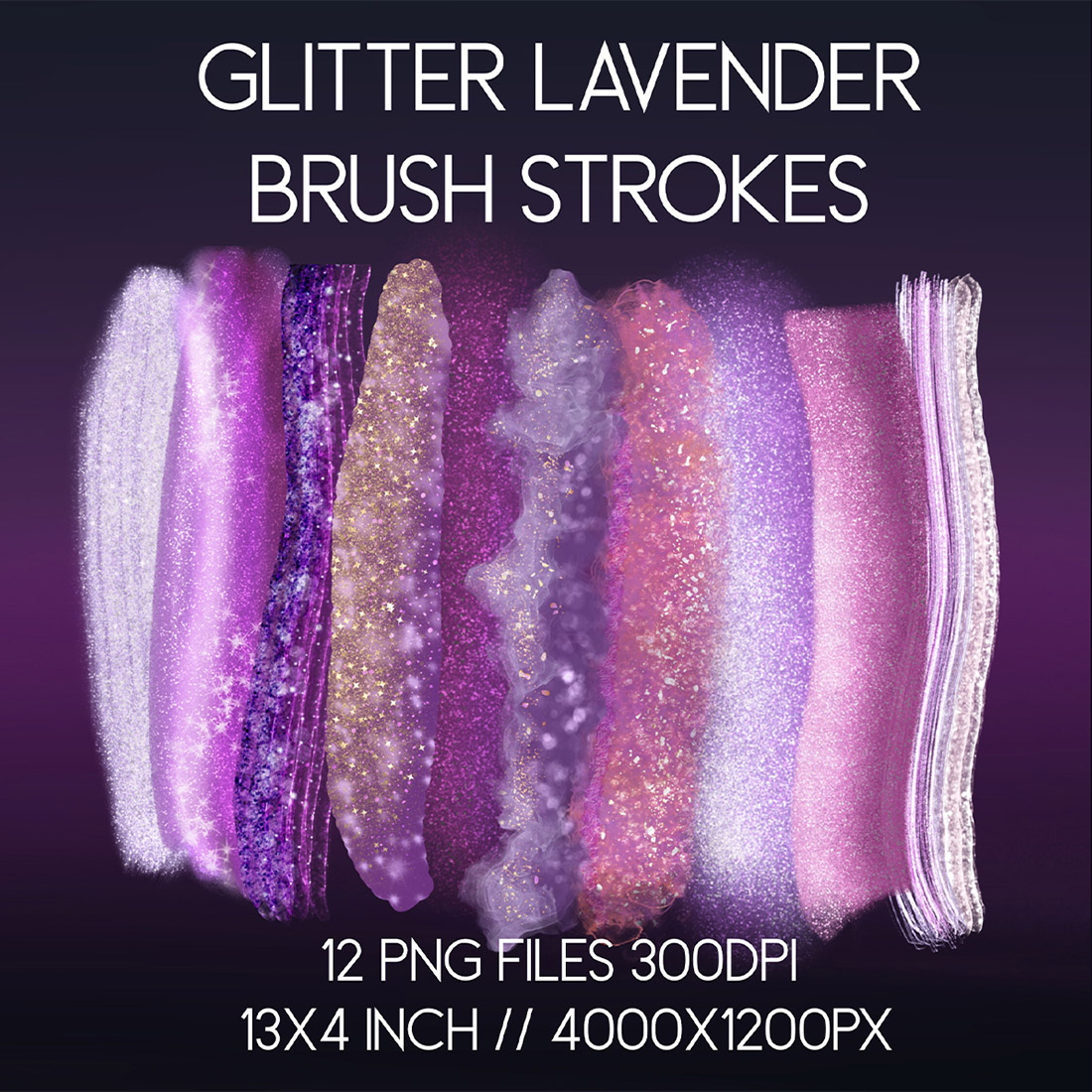 Glitter Lavender Brush Strokes Sublimation Clipart PNG cover image.