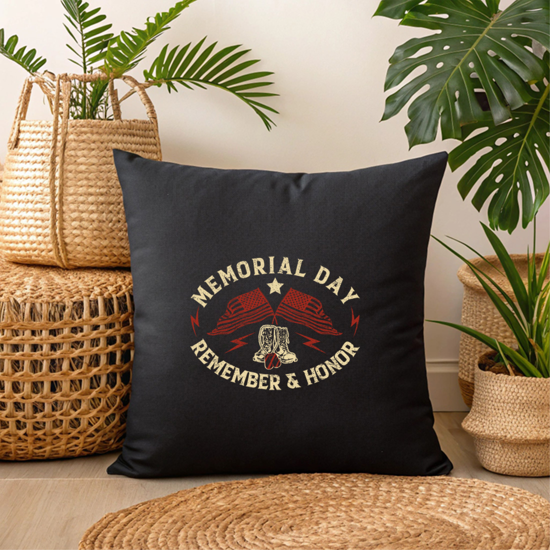 memorial day remember and honor vintage usa patriotic design for t shirt and apparel. graphic design. 3 black pillow mock up 335