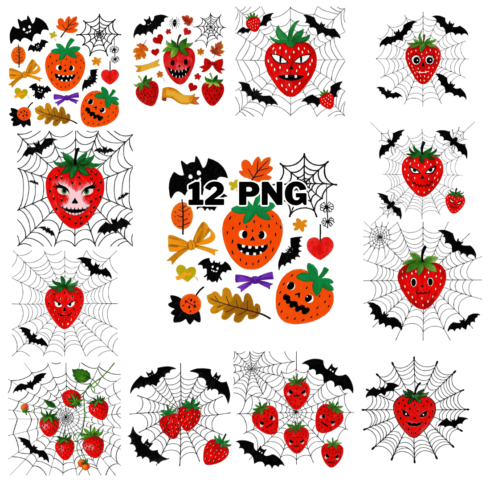 Watercolor Strawberry With Bats Summerween Sublimation Clipart Bundle cover image.