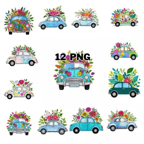 Colorful Car With Flowers And Leaves Sublimation Clipart Bundle cover image.