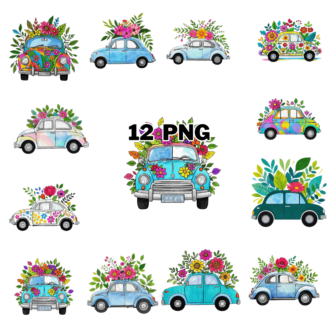 Colorful Car With Flowers And Leaves Sublimation Clipart Bundle cover image.